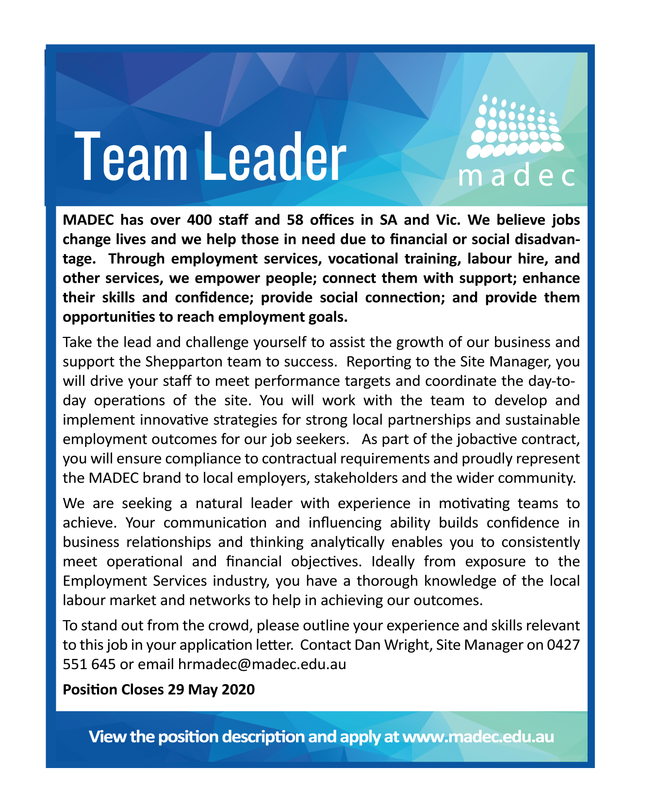 HR2078 - Team Leader - MADEC Australia